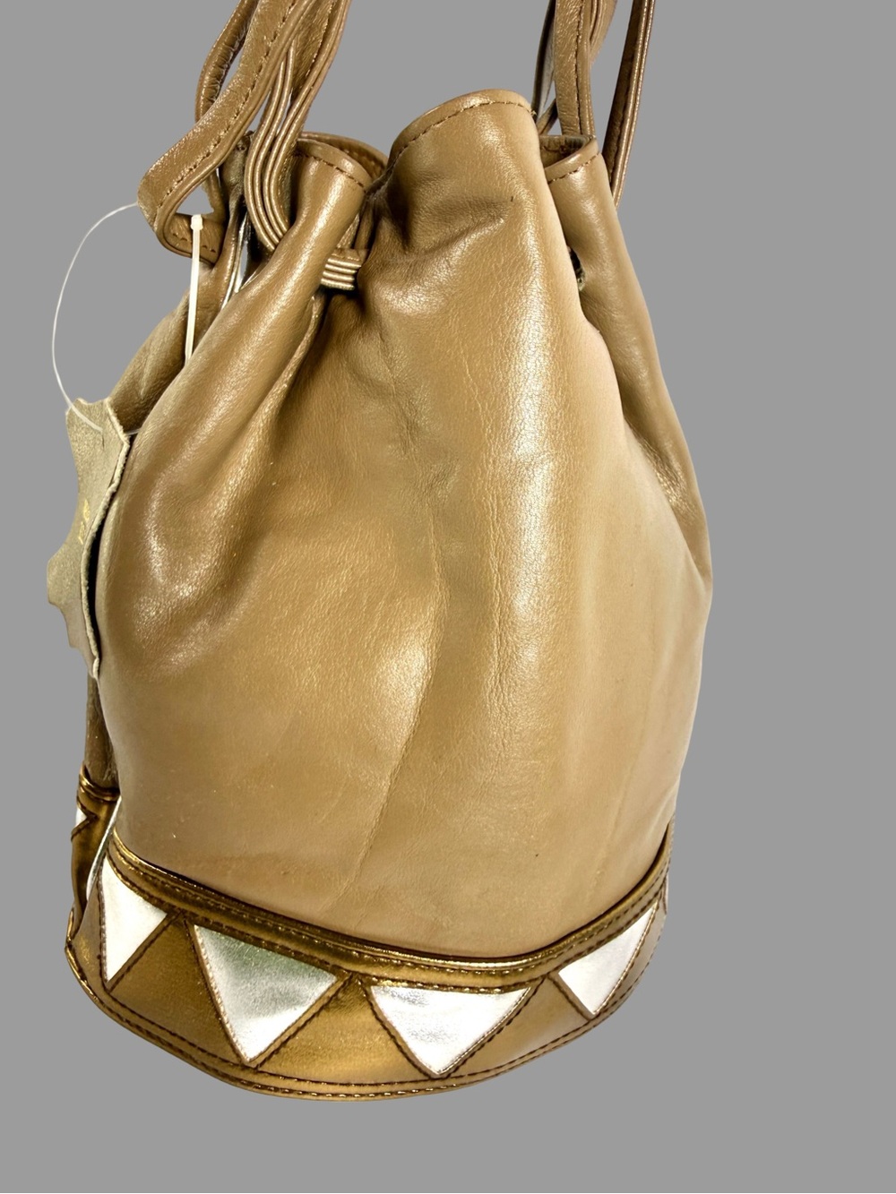 Convertible Tan Leather Drawstring Shoulder Bucket Bag